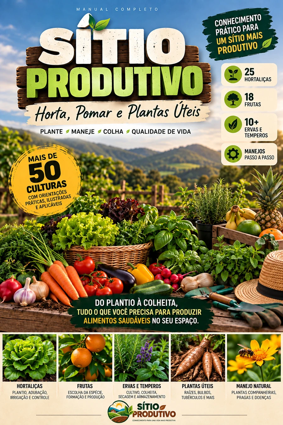 Capa original do Manual do Sítio Produtivo, com hortaliças, frutas e ervas